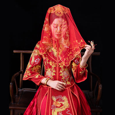 Red Phoenix Chinese Wedding Bridal Mesh Veil