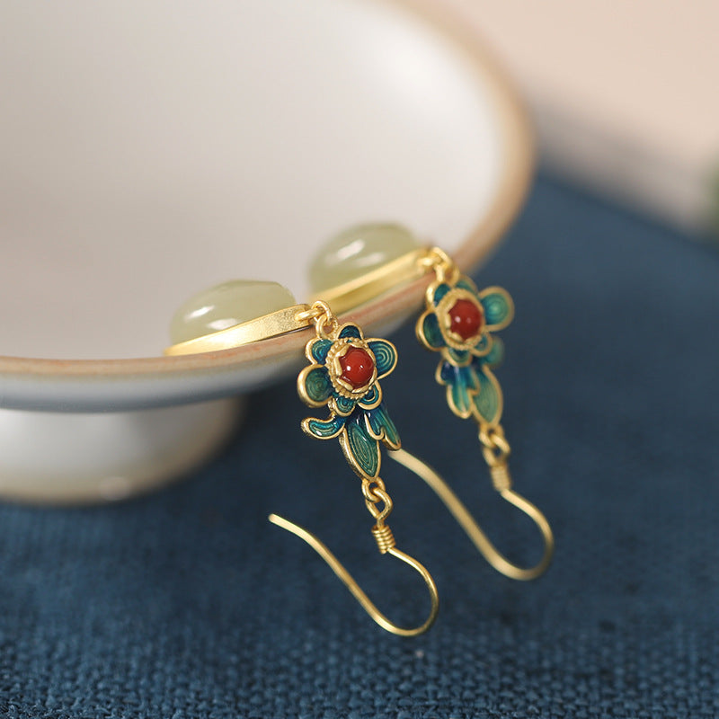 Vintage Silver Agate Jade Drop Dangle Earrings