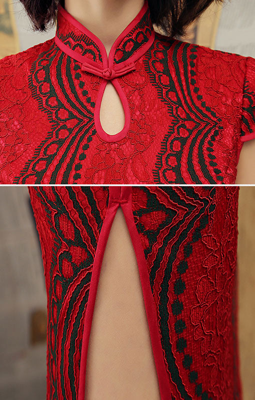Red Lace Ankle-length Qipao / Cheongsam Party Dress
