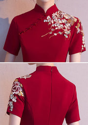 Burgundy Embroidered A-Line Wdding Qipao / Cheongsam Dress