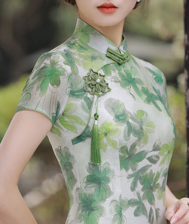 Green Floral Summer Linen Tea Cheongsam Qi Pao Dress