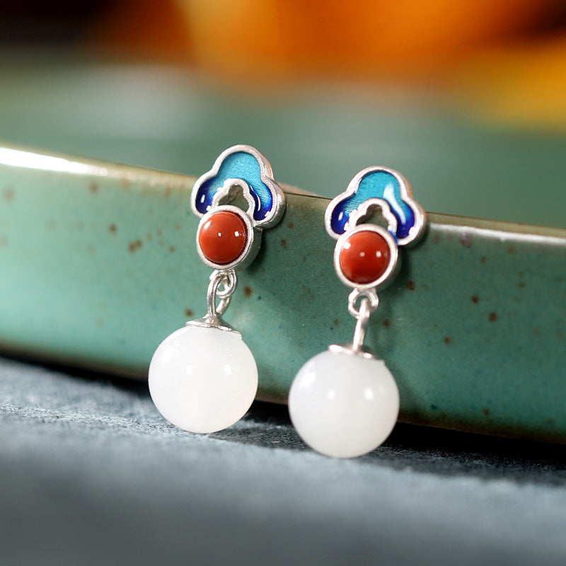 Silver White Jade Drop Dangle Earrings