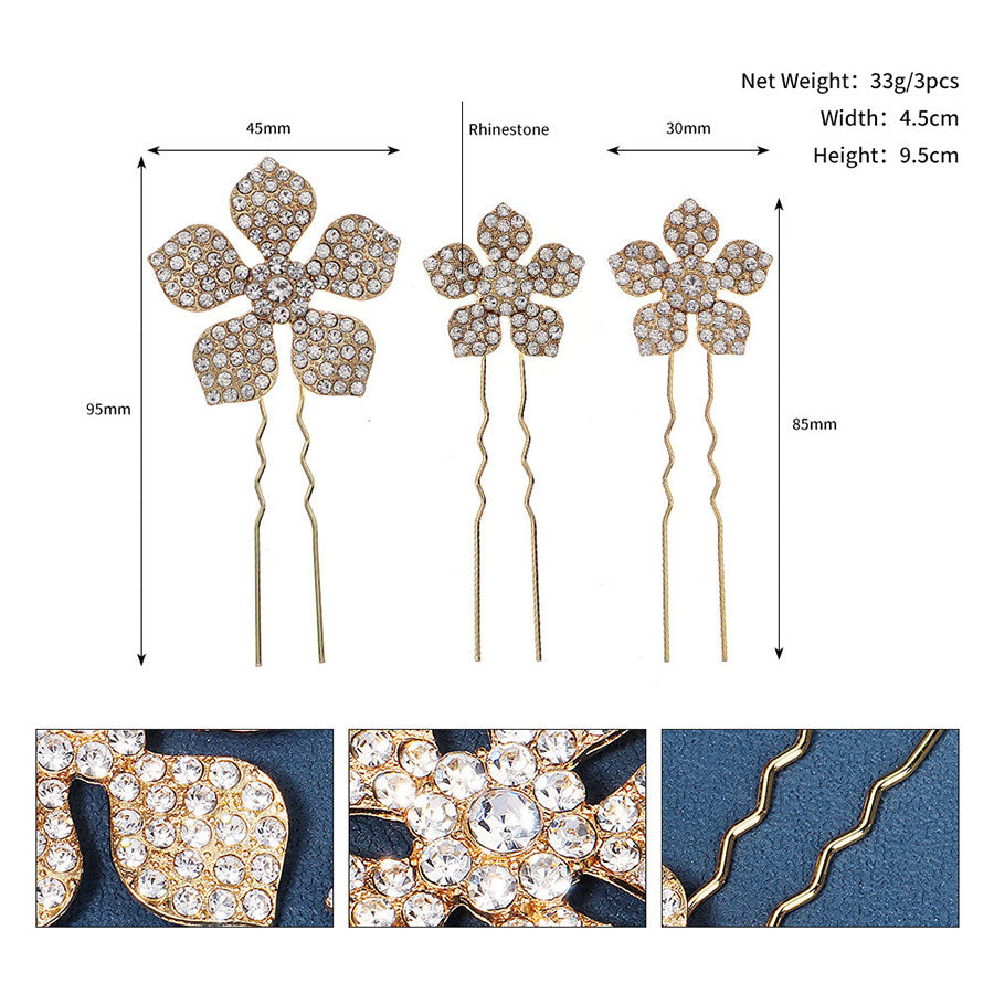 3 Pieces Rhinestone Petals Bride Bridesmaid Wedding Hair Pins