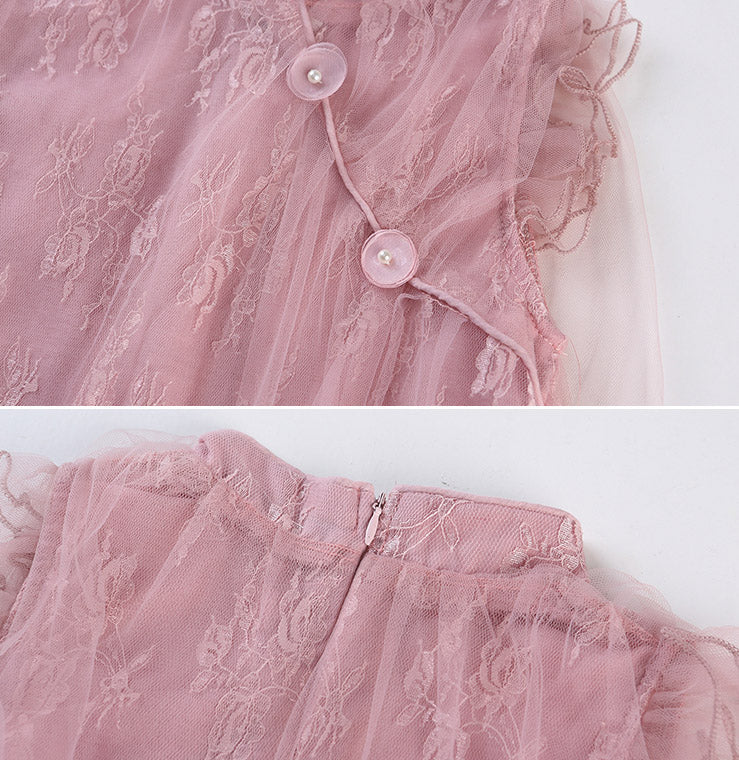 Pink Green Kid Girls Lace Cheongsam Dress