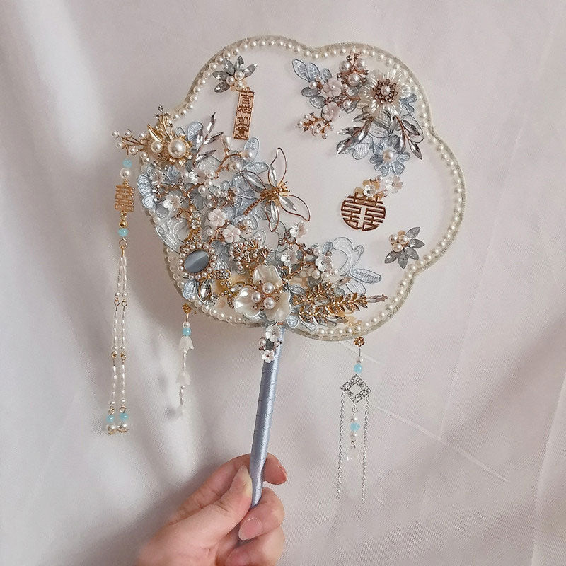 Chinese Vintage Pearl Floral Bride Hand Held Fans