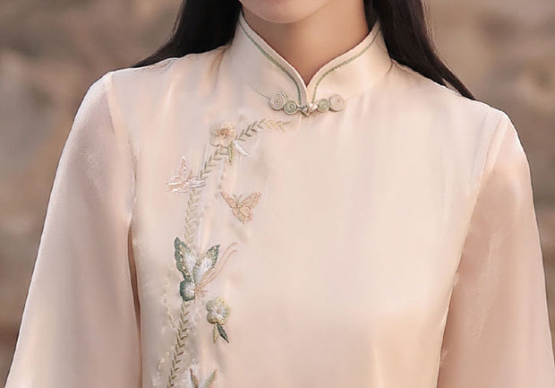 Embroidered Floral  A-Line Cheongsam Qi Pao Dress