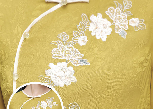 Yellow Green Embroidered A-Line Cheongsam Qi Pao Dress