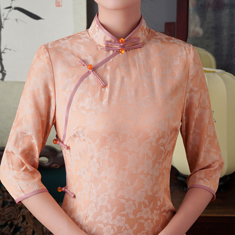 Blue Pink Jacquard Mid Tea Cheongsam Qipao Dress