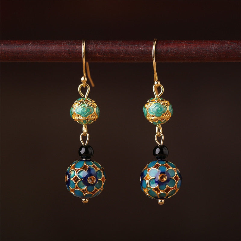 Agate Cloisonne Drop Dangle Hook Clip On Earrings