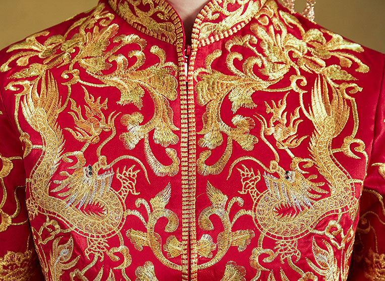 Red Wedding Bridal Qun Gua with Dragon & Phoenix Embroidery