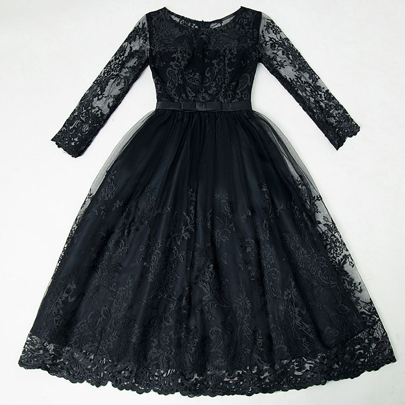 Black Illusion Floral Lace Overlay A-Line Dress