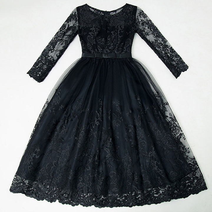 Black Illusion Floral Lace Overlay A-Line Dress