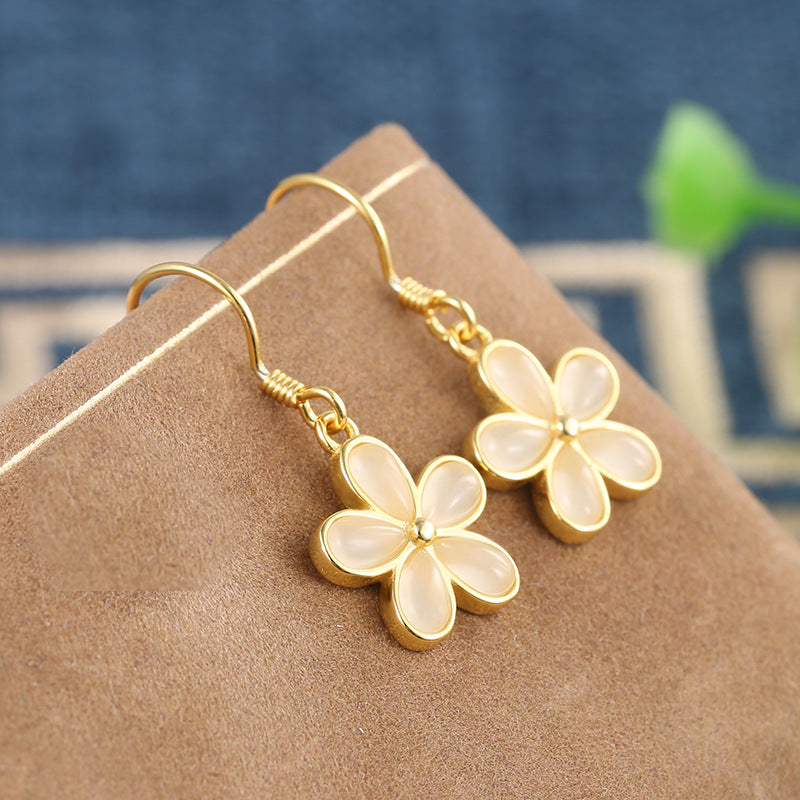 Silver Jade Petals Drop Dangle Earrings