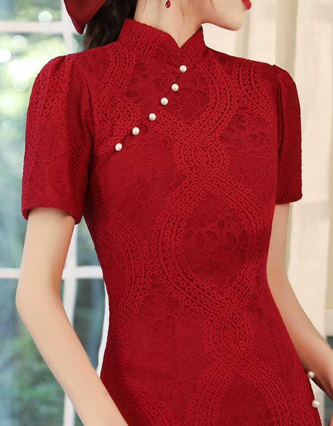 Wine Red Lace Cheongsam Qi Pao Wedding Dress