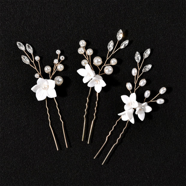 3 Pieces Bridal Flower Pearl Hair Pins
