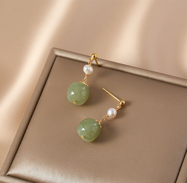 Green Jade Pearl Drop Dangle Earrings