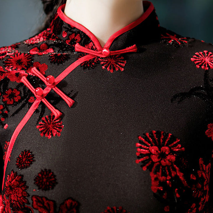Mothers Red Blue Floral Velvet Cheongsam Qi Pao Dress