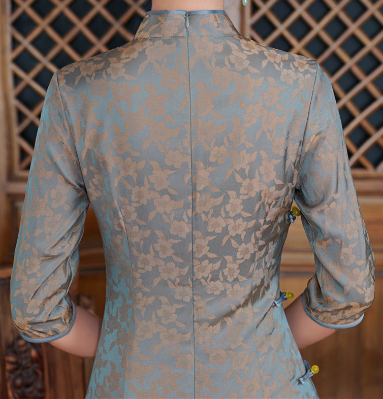 Blue Pink Jacquard Mid Tea Cheongsam Qipao Dress