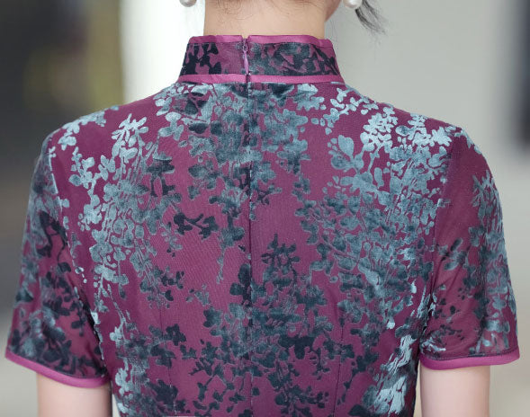 Purple Mothers Velvet Full Cheongsam Qipao Dress