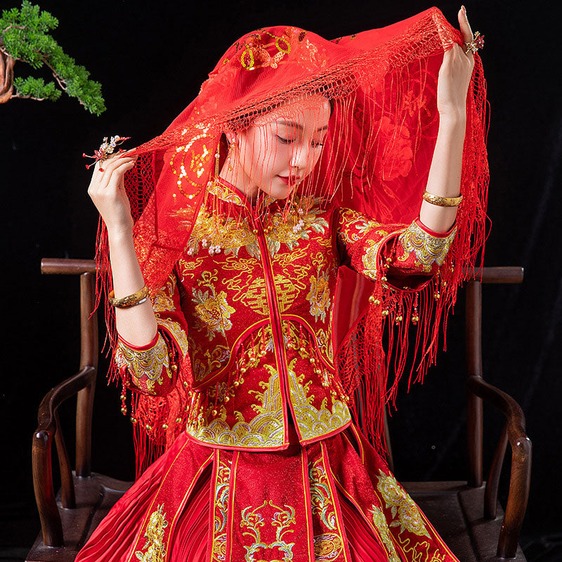 Red Mandarin Duck Chinese Wedding Bridal Mesh Veil 