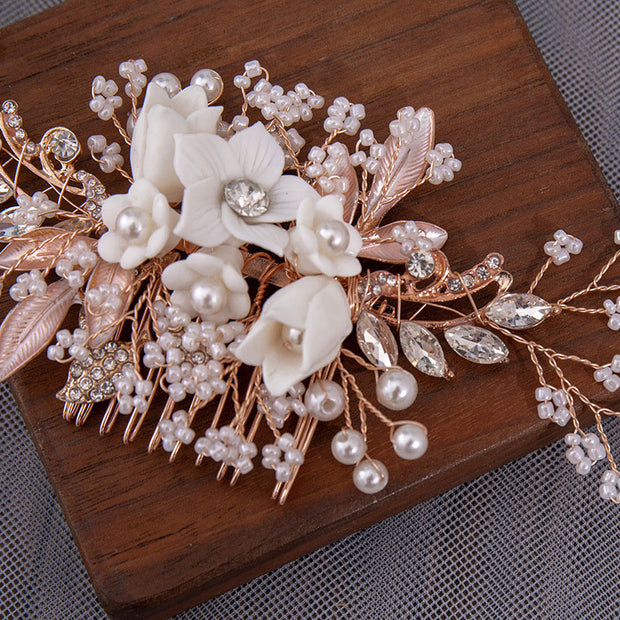 Pearls Crystal Flower Wedding Bride Hair Comb Clip