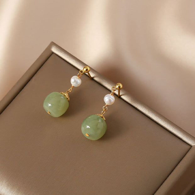 Green Jade Pearl Drop Dangle Earrings