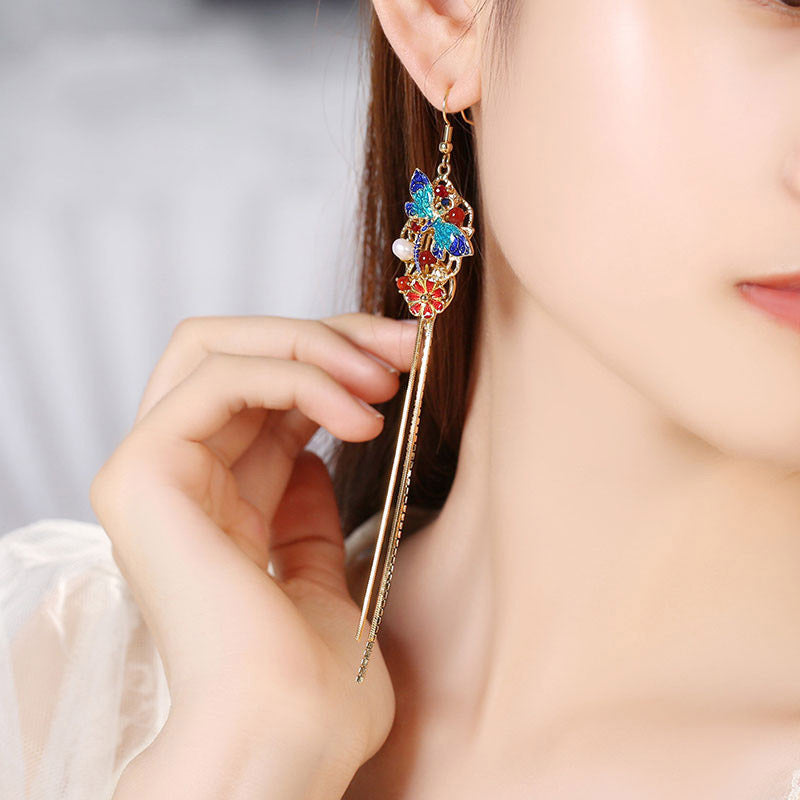 Long Drop Cloisonne Alloy Tassel Dangle Earrings