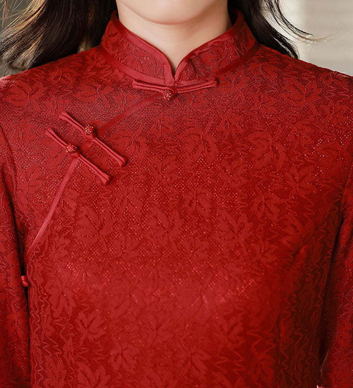 Red Lace Mid Wedding Cheongsam Qi Pao Dress