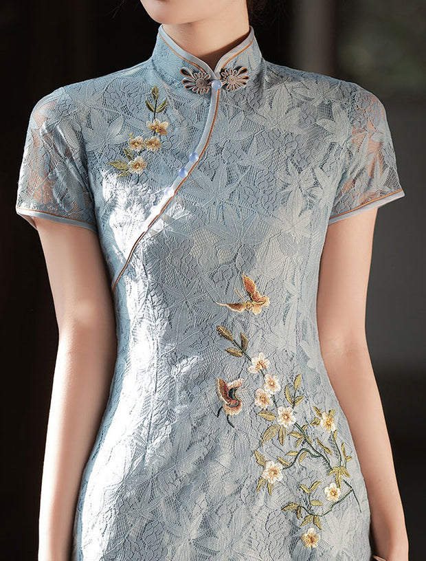 Blue Lace Embroidered Floral Midi Cheongsam Qi Pao Dress