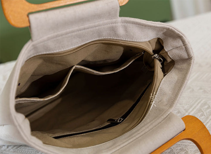 Green Beige Embroidered Linen Wooden Handle Handbag