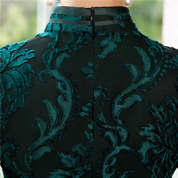 Mother's Red Blue Floral Velvet Qi Pao Cheongsam Dress