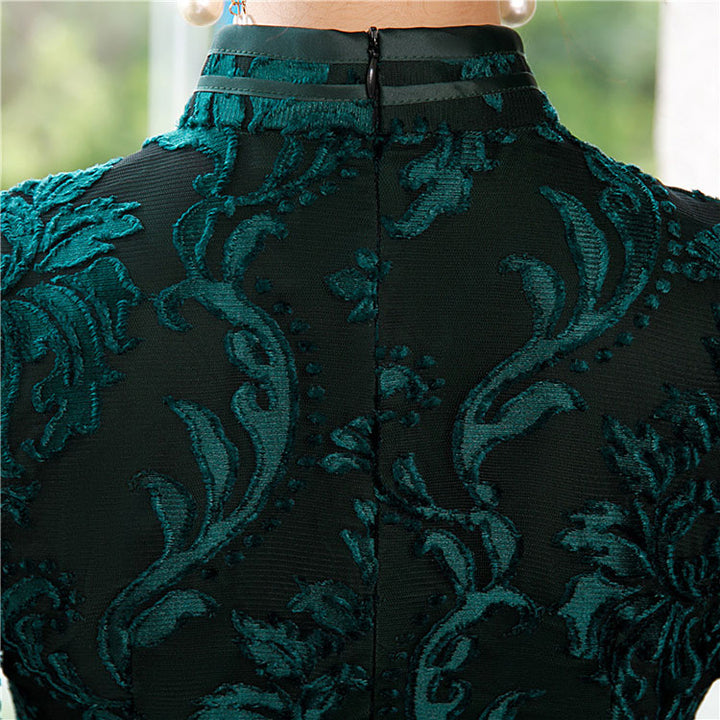 Mother's Red Blue Floral Velvet Qi Pao Cheongsam Dress