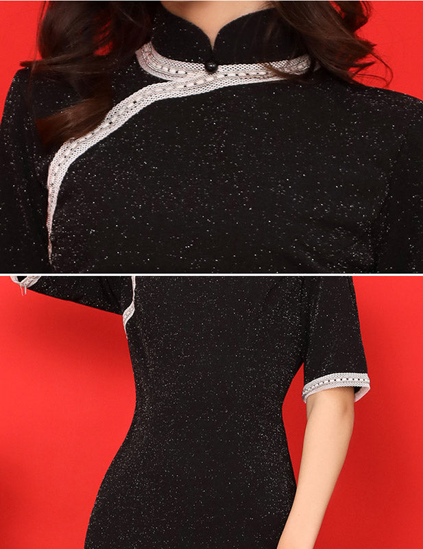 Shimmering Black Velvet Thigh Split Qipao / Cheongsam Dress