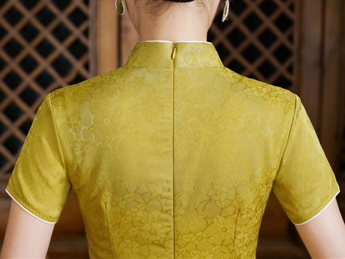 Yellow Jacquard Floral Midi Qi Pao Cheongsam Dress