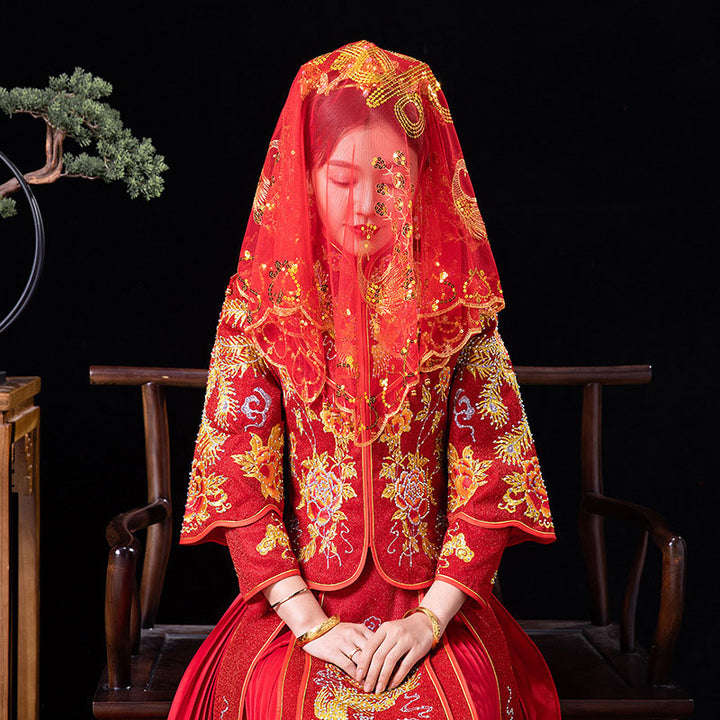 Red Phoenix Chinese Wedding Bridal Mesh Veil