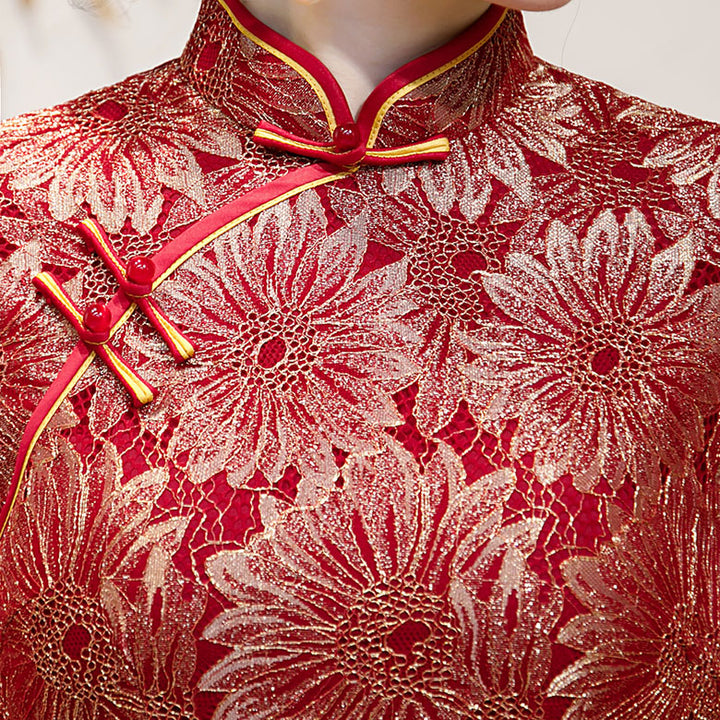 Red Lace Bridal Mothers Wedding Qi Pao Cheongsam Dress
