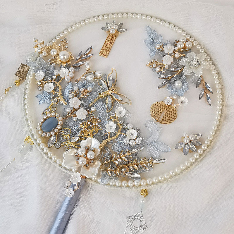 Chinese Vintage Pearl Floral Bride Hand Held Fans