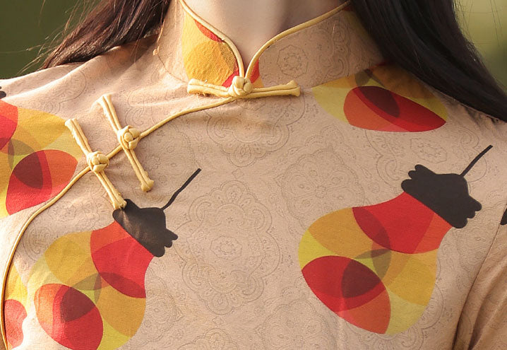 2021 Light Print Linen Cheongsam Qi Pao Dress