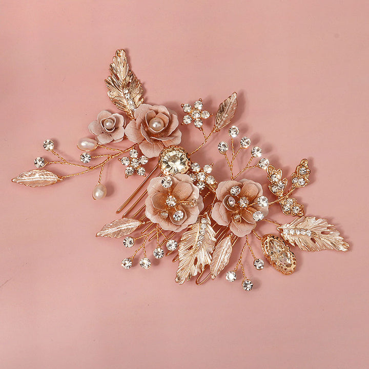 Gold Rhinestone Flower Leaf Bride Wedding Hair Comb