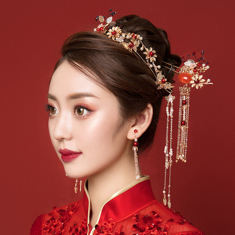 3-Piece Glod Tone Floral Hair Combs Earring