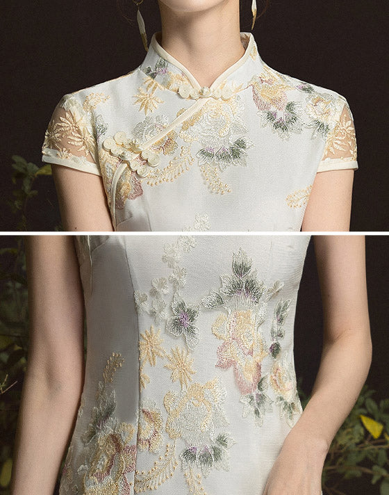 Embroidered Frill Hem Short Qipao / Cheongsam Party Dress
