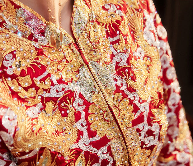 Beaded Embroidered Dragon Phoenix Chinese Wedding Qun Gua