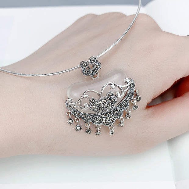 Jade Silver Longeval Lock Pendant Necklace Birthday Christmas Gift