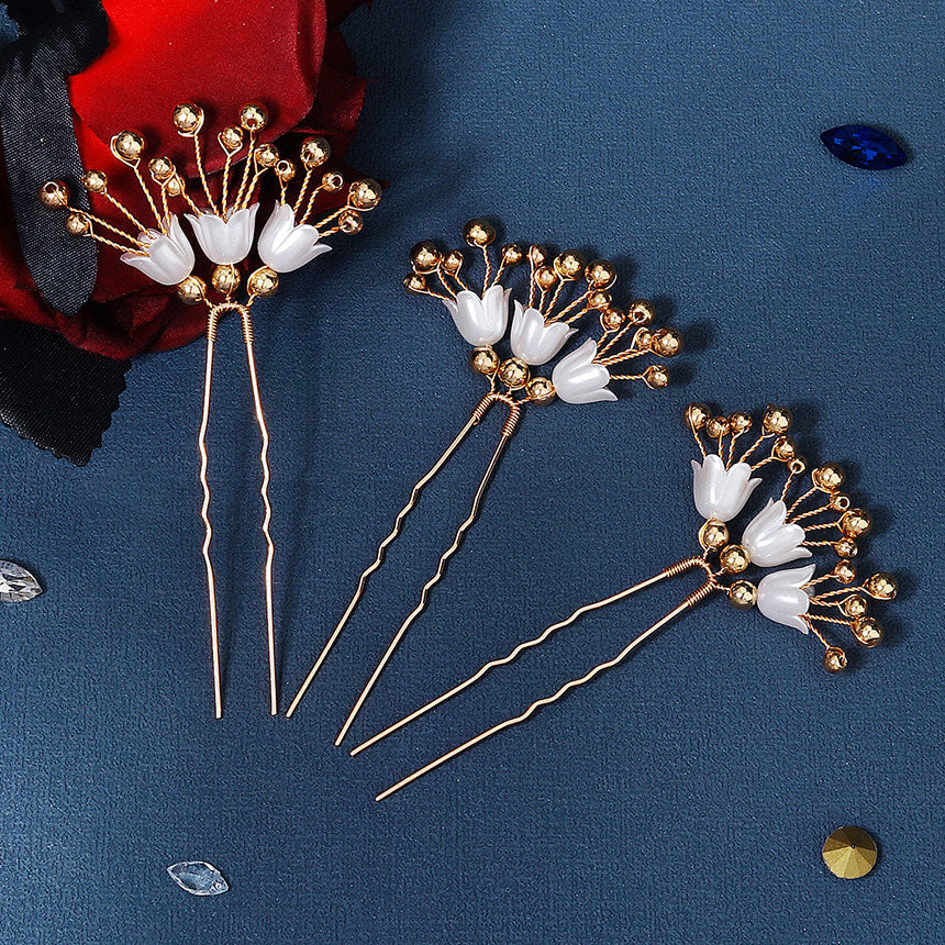 3 Pieces Beads White Flower Bride Wedding Hair Pins