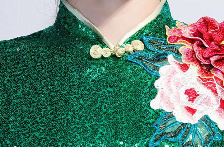Embroidered Sequin Fishtail Qipao / Cheongsam Evening Dress