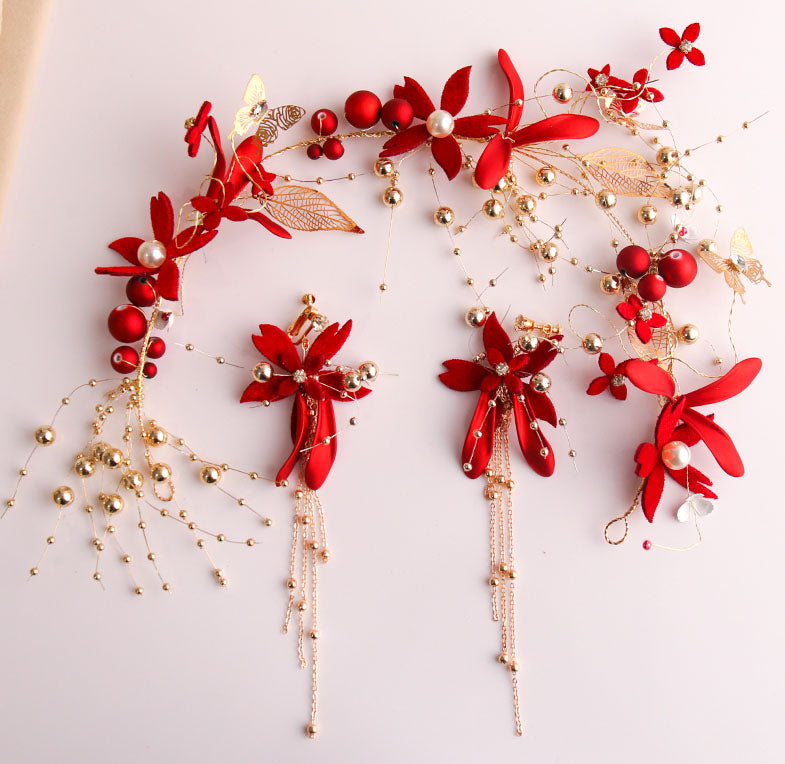 Red Silk Blossom Pearl Bridal Hair Vine Clip