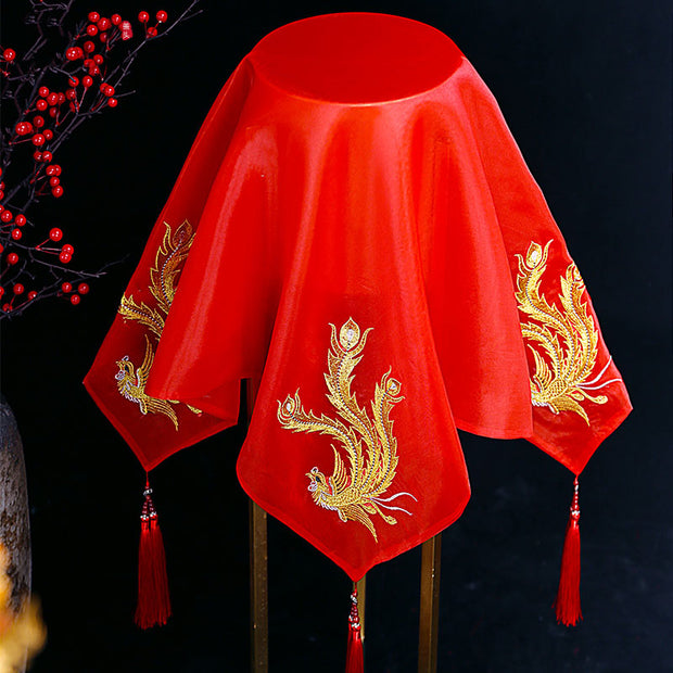Red Vintage Embroidered Phoenix Chinese Wedding Bridal Veil