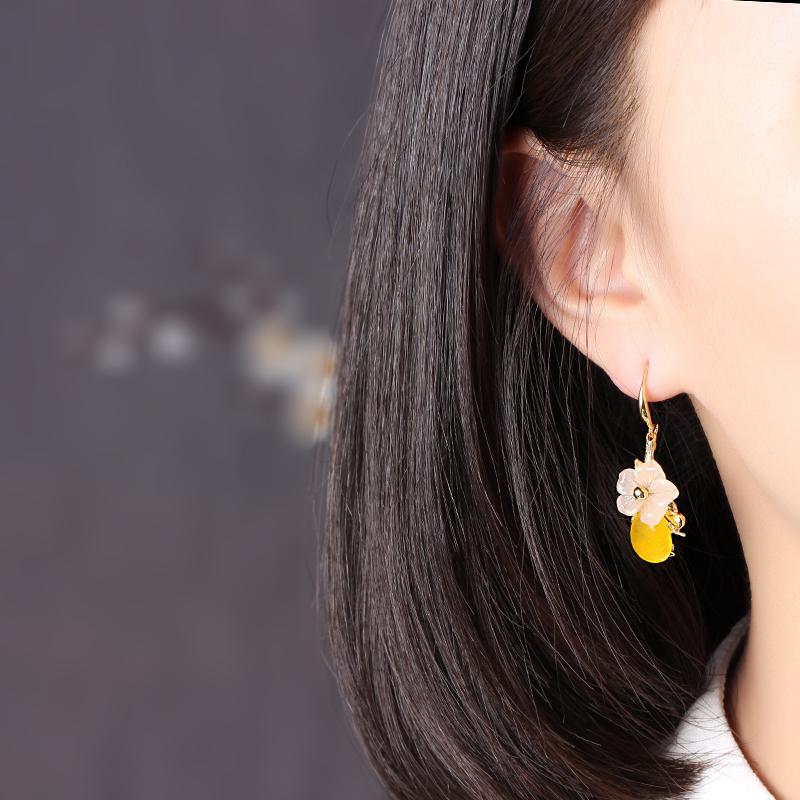 Yellow Jade Dangle Drop Clip On Pierced Earrings