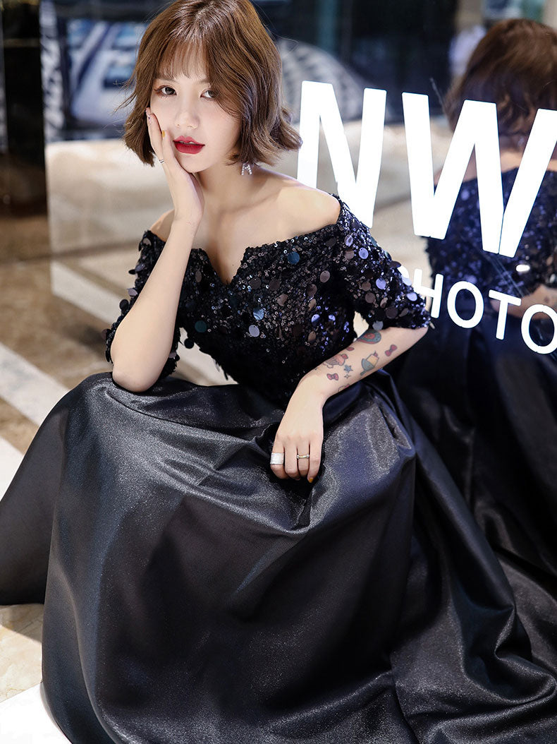 Black Sequined Fit & Flare Off-Shoulder Dress