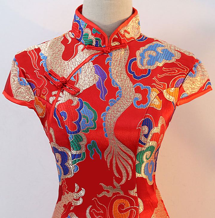 Yellow Red Dragon Short Cheongsam Qipao Dress